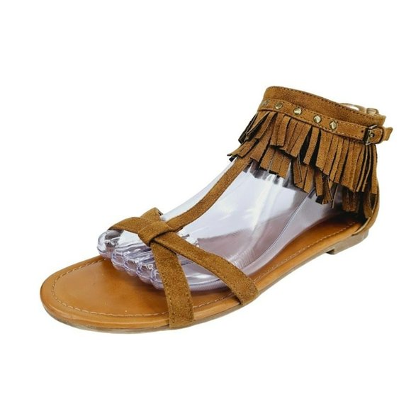 Indigo Rd Cross Fringe Sandals 8.5 Brown Ankle Cuff Zip Back Studs T Strap Boho - Picture 14 of 14